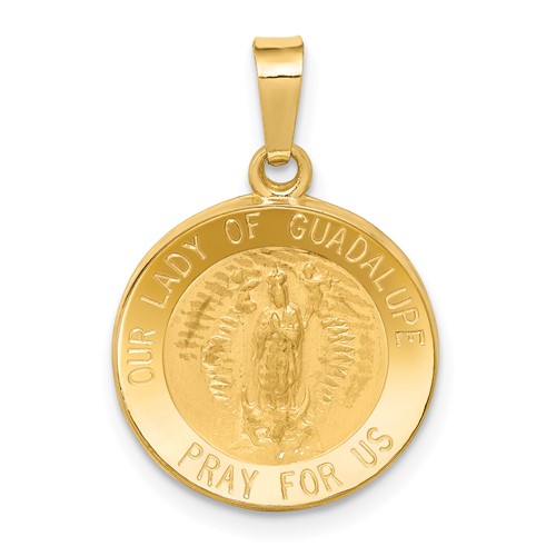 14K Yellow Gold Polished and Satin Hollow Our Lady of Guadalupe Medal Round Pendant