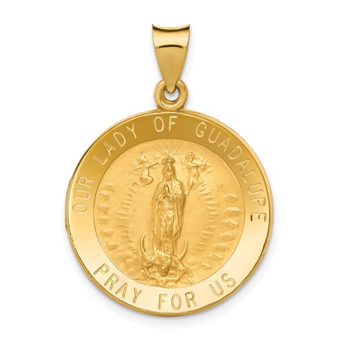 14K Yellow Gold Polished and Satin Hollow Our Lady of Guadalupe Medal Round Pendant