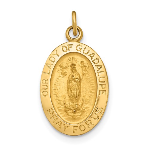 14K Yellow Gold Polished and Satin Solid Our Lady of Guadalupe Medal Oval Pendant