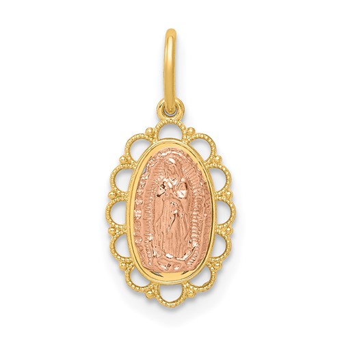 14K Two-tone Small Our Lady of Guadalupe Scalloped Edge Oval Pendant