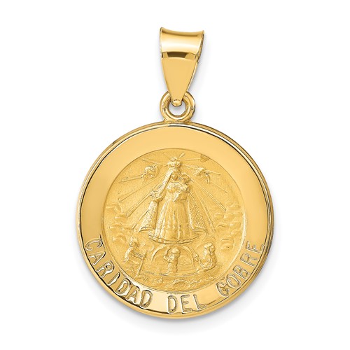 14K Yellow Gold Polished and Satin Hollow Caridad Del Cobre Medal Round Pendant