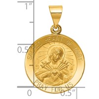 14K Yellow Gold Polished and Satin Hollow Sacred Heart of Mary Medal Round Pendant view 3