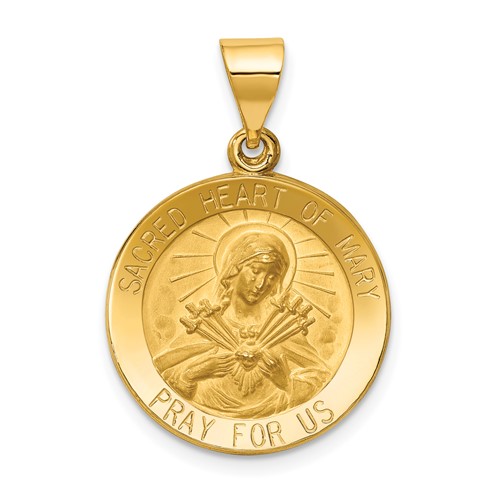 14K Yellow Gold Polished and Satin Hollow Sacred Heart of Mary Medal Round Pendant
