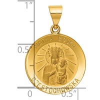 14K Yellow Gold Polished and Satin Hollow Matka Boska Czestochowska Medal Reversible Round Pendant view 4