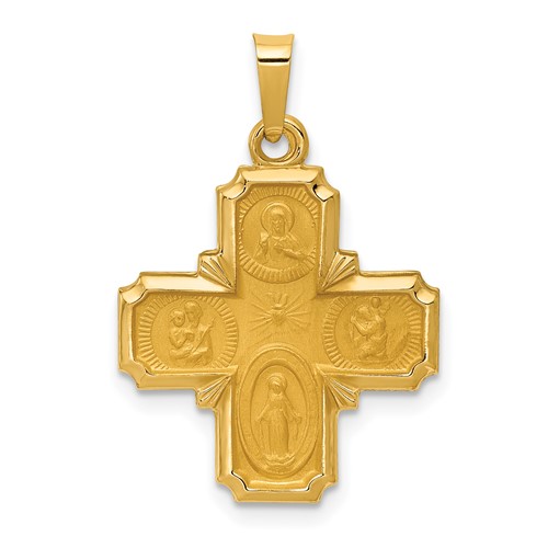 14K Yellow Gold Polished and Satin Hollow Four-Way Medal Pendant