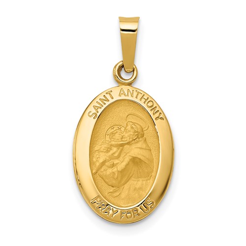 14K Yellow Gold Polished and Satin Hollow St. Anthony Medal Small Oval Pendant