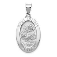 14K White Gold Polished and Satin Hollow St. Anthony Medal Oval Pendant view 1