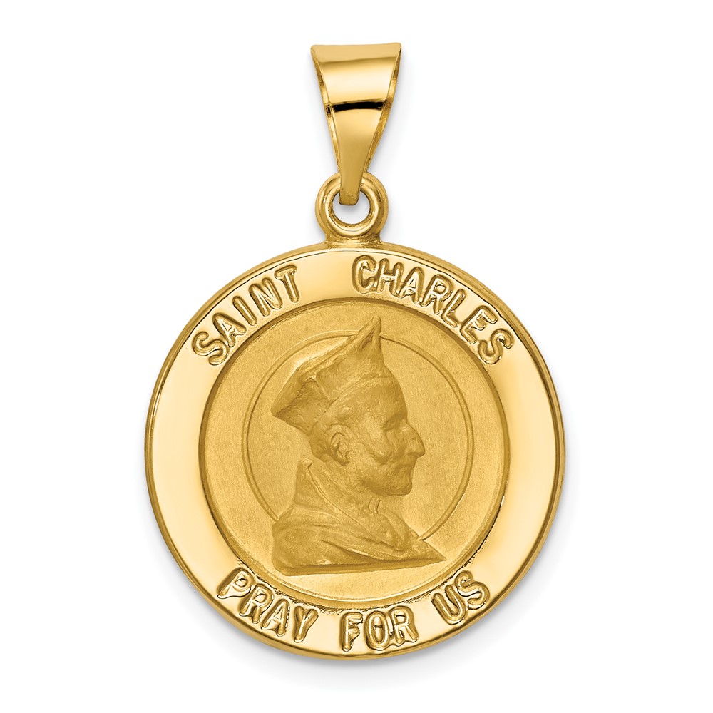 14K Yellow Gold Polished and Satin Hollow St. Charles Medal Pendant