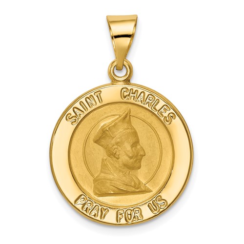 14K Yellow Gold Polished and Satin Hollow St. Charles Medal Pendant