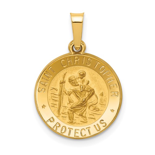 14K Yellow Gold Polished and Satin Hollow St. Christopher Medal Pendant