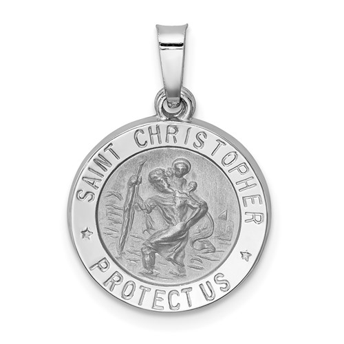 14K White Gold Polished and Satin Hollow St Christopher Medal Pendant
