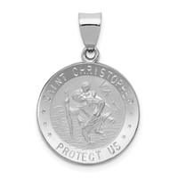 14K White Gold Polished and Satin Hollow St Christopher Medal Round Pendant view 1