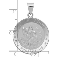 14K White Gold Polished and Satin Hollow Saint Christopher Medal Round Pendant view 3