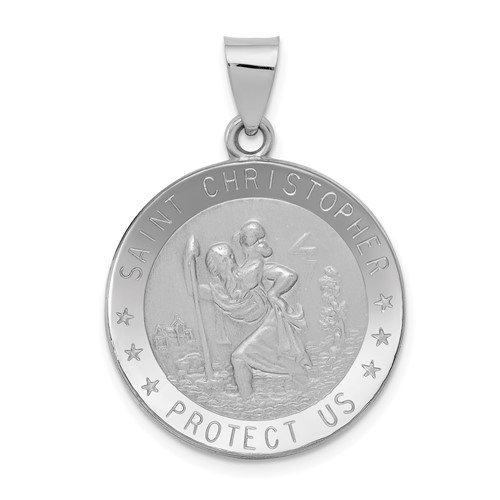 14K White Gold Polished and Satin Hollow Saint Christopher Medal Round Pendant