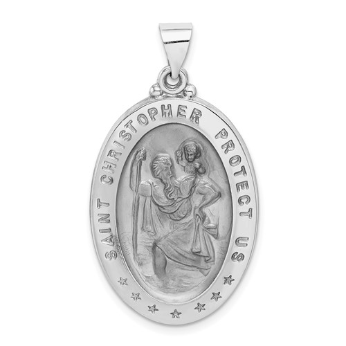 14K White Gold Polished and Satin Hollow Saint Christopher Medal Oval Pendant