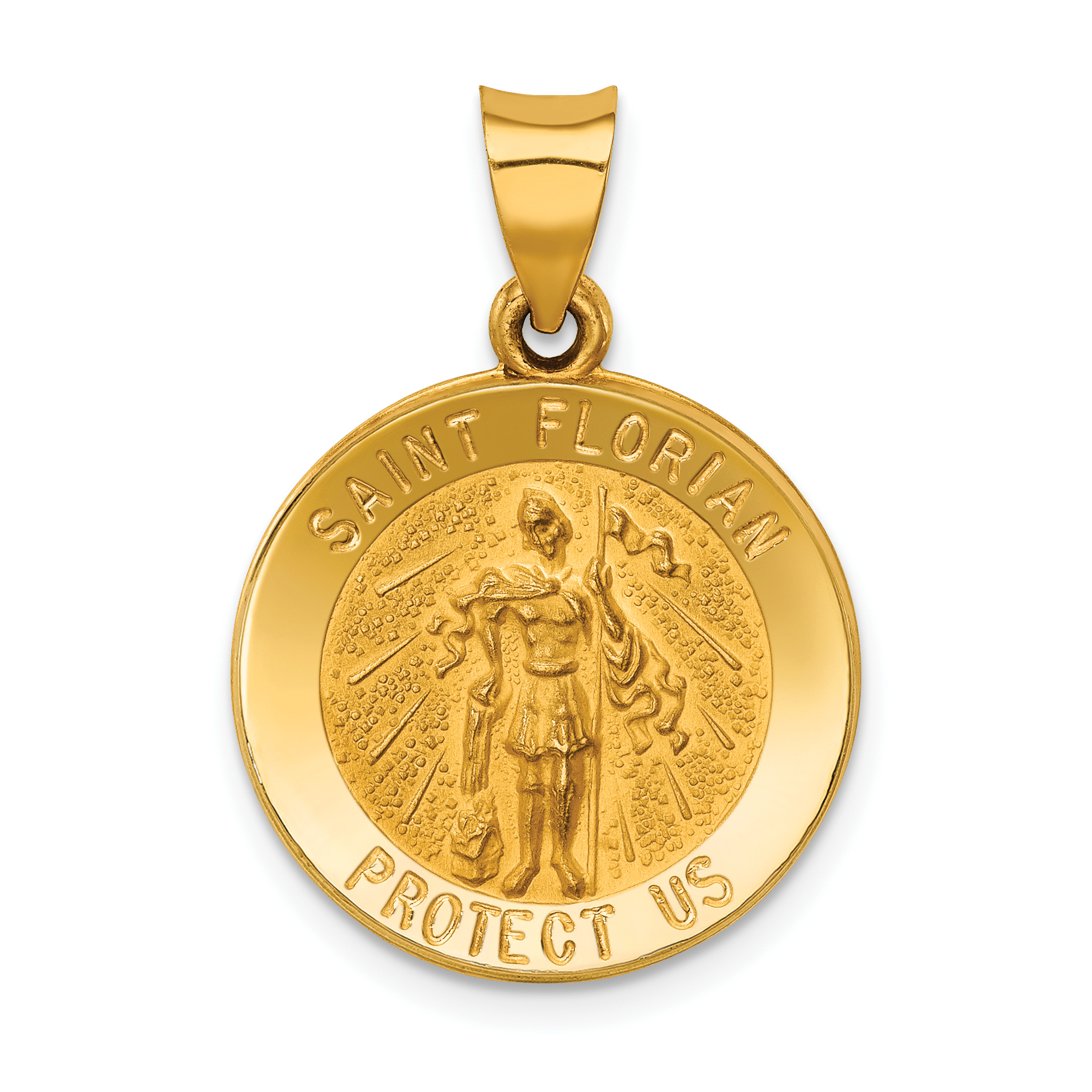 14k Polished and Satin Hollow St Florian Medal Round Pendant XR1317