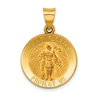 14K Yellow Gold Polished and Satin Hollow St Florian Medal Round Pendant view 1