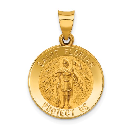 14K Yellow Gold Polished and Satin Hollow St Florian Medal Round Pendant