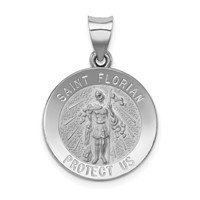 14K White Gold Polished and Satin Hollow St Florian Medal Round Pendant view 1