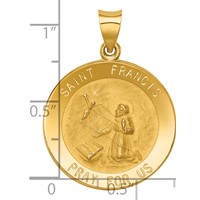 14K Yellow Gold Polished and Satin Hollow St Francis Medal Round Pendant view 3