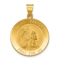14K Yellow Gold Polished and Satin Hollow St Francis Medal Round Pendant view 1