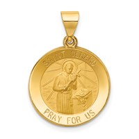 14K Yellow Gold Polished and Satin Hollow Saint Gerard Medal Round Pendant view 1