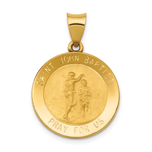14K Yellow Gold Polished and Satin Hollow St John the Baptist Medal Round Pendant