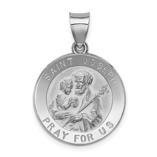14K White Gold Polished and Satin Hollow St Joseph Medal Round Pendant