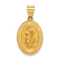 14K Yellow Gold Polished and Satin Hollow St Joseph Medal Oval Pendant view 1