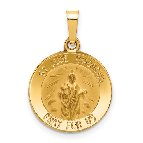 14K Yellow Gold Polished and Satin Hollow St Jude Thaddeus Medal Round Pendant