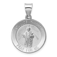 14K White Gold Polished and Satin Hollow St Jude Thaddeus Medal Round Pendant view 1