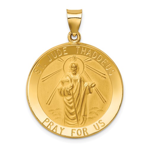 14K Yellow Gold Polished and Satin Large Hollow St. Jude Thaddeus Medal Round Pendant