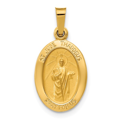 14K Yellow Gold Polished and Satin Hollow St Jude Thaddeus Medal Oval Pendant
