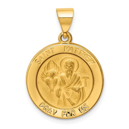 14K Yellow Gold Polished and Satin Hollow St Matthew Medal Round Pendant