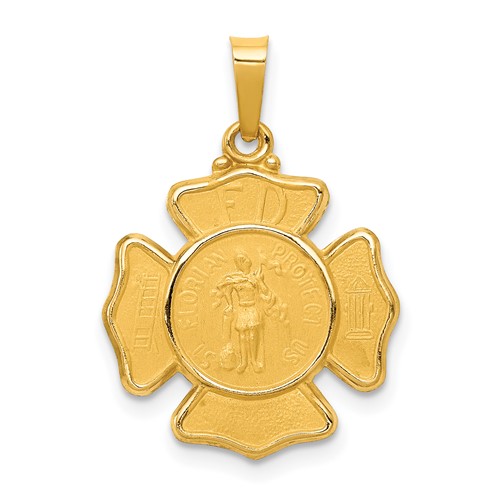 14K Yellow Gold Polished and Satin Hollow St Florian F.d. Badge Medal Pendant