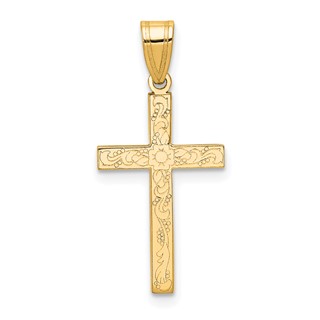 Gold Etched Floral Design Cross Pendant