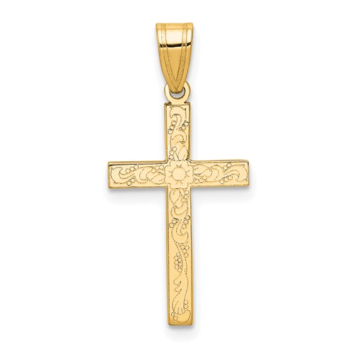 14K Yellow Gold Etched Floral Cross Pendant