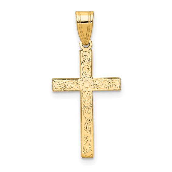 Gold Etched Floral Design Cross Pendant