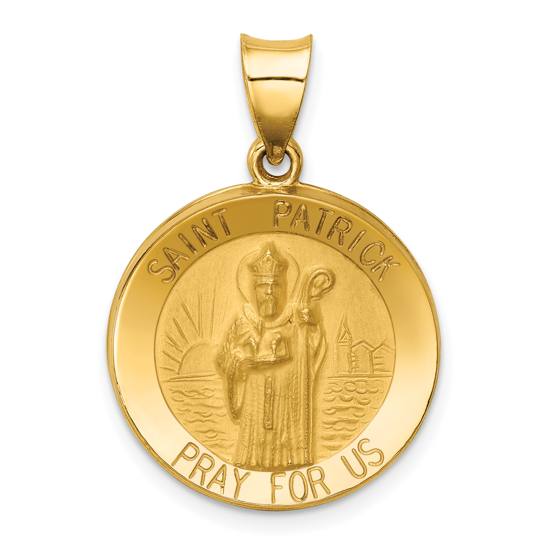 14k Polished and Satin Hollow St Patrick Medal Round Pendant XR1373