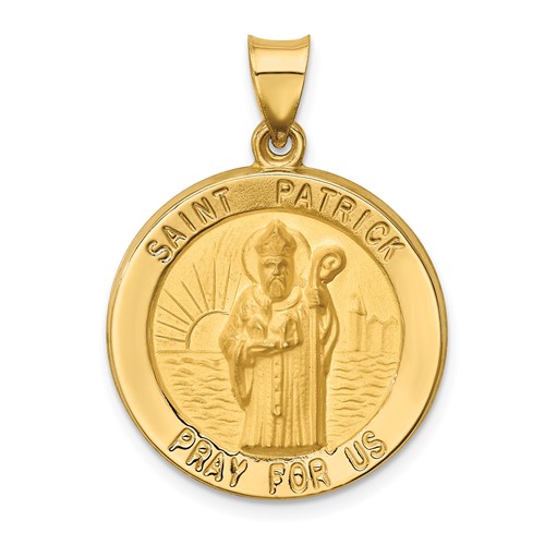 14K Yellow Gold Polished and Satin Hollow Large St Patrick Medal Round Pendant
