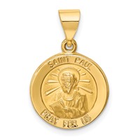 14K Yellow Gold Polished and Satin Hollow St Paul Medal Round Pendant view 1