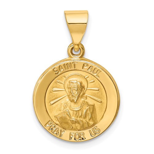 14K Yellow Gold Polished and Satin Hollow St Paul Medal Round Pendant