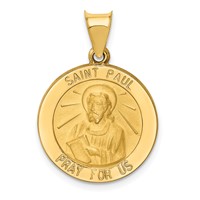 14K Yellow Gold Polished and Satin Hollow St Paul Medal Round Pendant view 1