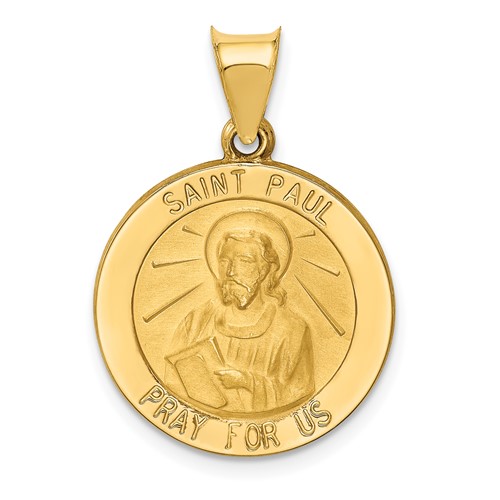 14K Yellow Gold Polished and Satin Hollow St Paul Medal Round Pendant