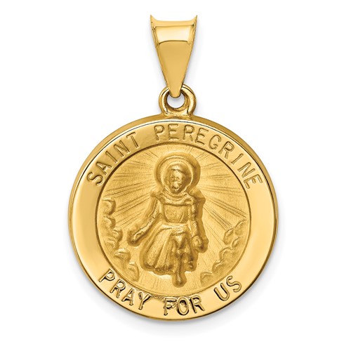 14K Yellow Gold Polished and Satin Hollow St Peregrine Medal Round Pendant
