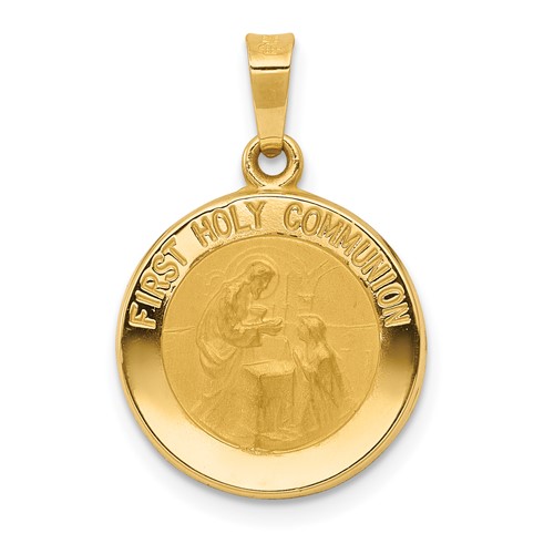 14K Yellow Gold Polished and Satin Hollow First Holy Communion Medal Round Pendant