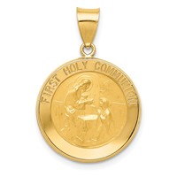 14K Yellow Gold Polished and Satin Hollow First Holy Communion Medal Round Pendant view 1