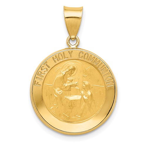 14K Yellow Gold Polished and Satin Hollow First Holy Communion Medal Round Pendant