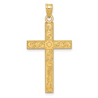 14K Yellow Gold Etched Floral Cross Pendant view 1