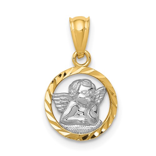 14K and White Rhodium Diamond-cut Cherub in Circle Pendant
